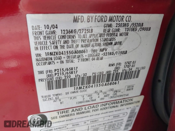 2005 Ford Freestyle SE with VIN 1FMZK04155GA08061, listed as a IAAI auction lot 41505123 with 223,524 mi miles and . Bid and sale history available at DreamBid. Image 9.