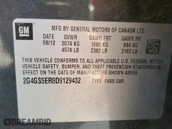 2013 Buick Regal Premium 1 with VIN 2G4GS5ER8D9129432, listed as a Copart auction lot 77907504 with 171,532 mi miles and Clean title. Bid and sale history available at DreamBid. Image 12.