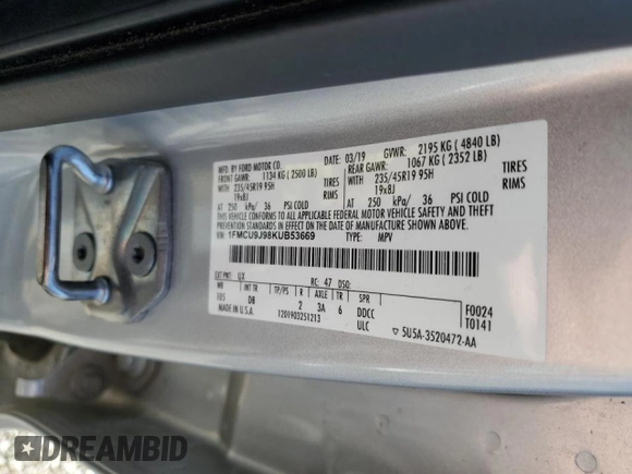 2019 Ford Escape Titanium with VIN 1FMCU9J98KUB53669, listed as a Copart auction lot 47344715 with 84,051 mi miles and Salvage title. Bid and sale history available at DreamBid. Image 14.