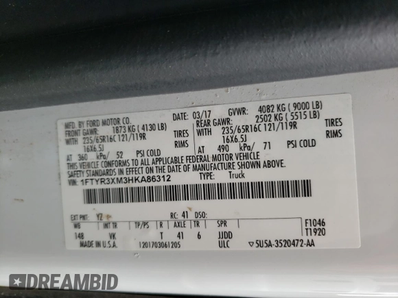 2017 Ford Transit with VIN 1FTYR3XM3HKA86312, listed as a Copart auction lot 49277455 with 139,701 mi miles and Salvage title. Bid and sale history available at DreamBid. Image 14.