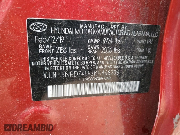 2019 Hyundai Elantra SE with VIN 5NPD74LF3KH468203, listed as a Copart auction lot 53043005 with 99,398 mi miles and Salvage Title. Bid and sale history available at DreamBid. Image 14.