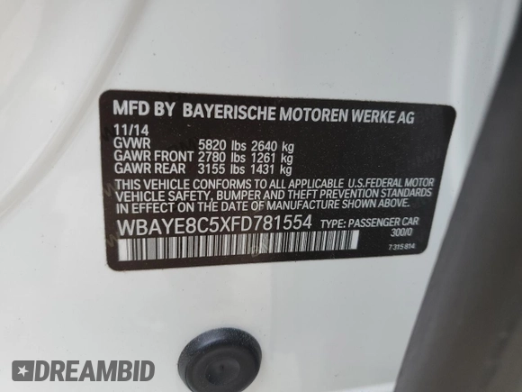2015 BMW 7 Series 750Li with VIN WBAYE8C5XFD781554, listed as a Copart auction lot 80150903 with 60,919 mi miles and . Bid and sale history available at DreamBid. Image 13.