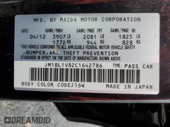 2012 Mazda 3 i Touring with VIN JM1BL1V82C1642786, listed as a Copart auction lot 49008125 with 110,688 mi miles and Salvage Title. Bid and sale history available at DreamBid. Image 14.