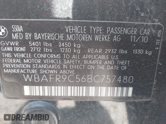 2011 BMW 5 Series 550i with VIN WBAFR9C56BC757480, listed as a IAAI auction lot 42505621 with 151,654 mi miles and . Bid and sale history available at DreamBid. Image 9.
