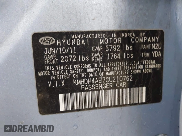 2012 Hyundai Elantra Limited с VIN KMHDH4AE7CU210762, выставлен на аукционе IAAI как лот 41310711 с пробегом 204 550 миль миль и . История ставок и продаж доступна на DreamBid. Изображение 9.