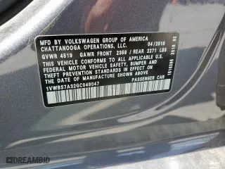 2016 Volkswagen Passat 1.8T SE w/Technology with VIN 1VWBS7A32GC049047, listed as a Copart auction lot 50255165 with 0 mi miles and Salvage Title. Bid and sale history available at carsss.com. Image 13.