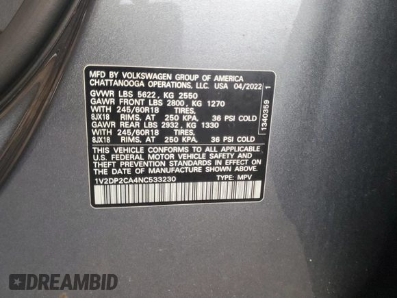 2022 Volkswagen Atlas SE with VIN 1V2DP2CA4NC533230, listed as a Copart auction lot 73013684 with 46,484 mi miles and Clean title. Bid and sale history available at DreamBid. Image 13.