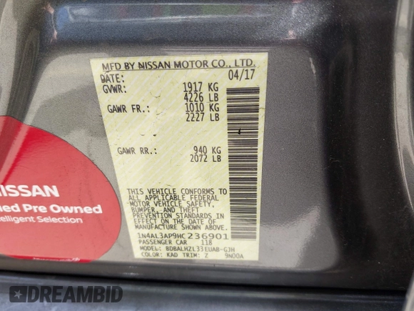 2017 Nissan Altima S z VIN 1N4AL3AP9HC236901, wystawiony jako IAAI lot #42275150 z przebiegiem 136 230 mil mil oraz . Historia ofert i sprzedaży dostępna na DreamBid. Obrazek 9.