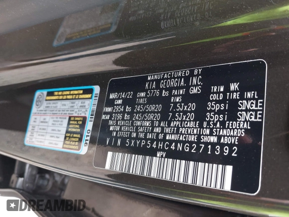 2022 Kia Telluride SX with VIN 5XYP54HC4NG271392, listed as a IAAI auction lot 42019407 with 50,971 mi miles and . Bid and sale history available at DreamBid. Image 9.