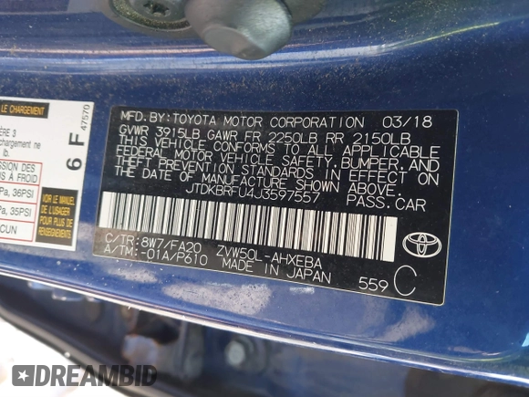 2018 Toyota Prius Two with VIN JTDKBRFU4J3597557, listed as a IAAI auction lot 41628706 with 141,555 mi miles. Bid and sale history available at carsss.com. Image 9.