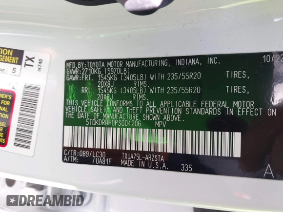 2023 Toyota Highlander L with VIN 5TDKDRBH0PS004206, listed as a IAAI auction lot 41902720 with 53,154 mi miles and . Bid and sale history available at DreamBid. Image 9.