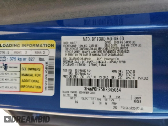 2017 Ford Fusion SE with VIN 3FA6P0H75HR345064, listed as a Copart auction lot 61792985 with 169,601 mi miles and Salvage title. Bid and sale history available at DreamBid. Image 12.