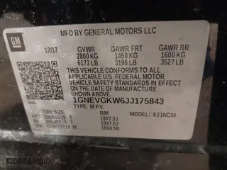 2018 Chevrolet Traverse LT Cloth with VIN 1GNEVGKW6JJ175843, listed as a IAAI auction lot 41546421 with 173,000 mi miles. Bid and sale history available at carsss.com. Image 9.