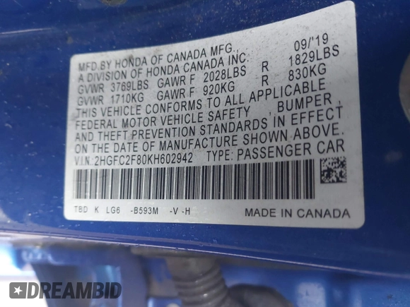 2019 Honda Civic Sport with VIN 2HGFC2F80KH602942, listed as a IAAI auction lot 41785234 with 82,661 mi miles and . Bid and sale history available at DreamBid. Image 9.