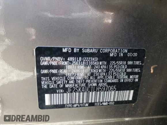 2020 Subaru Forester Limited with VIN JF2SKAUC1LH597065, listed as a Copart auction lot 50961745 with 45,931 mi miles and Clean Title. Bid and sale history available at carsss.com. Image 14.