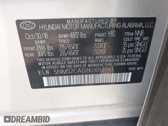 2019 Hyundai Santa Fe SE z VIN 5NMS2CAD2KH058961, wystawiony jako IAAI lot #42395683 z przebiegiem 81 228 mil mil oraz . Historia ofert i sprzedaży dostępna na DreamBid. Obrazek 9.