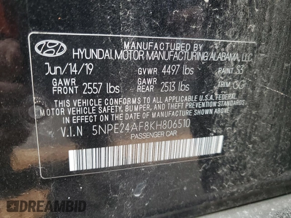 2019 Hyundai Sonata SE with VIN 5NPE24AF8KH806510, listed as a Copart auction lot 64834784 with 30,314 mi miles and Salvage Title. Bid and sale history available at DreamBid. Image 12.