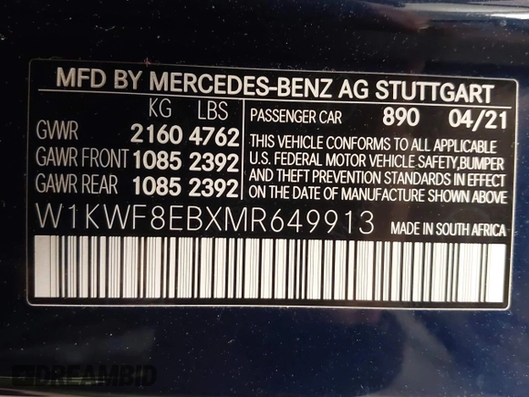 2021 Mercedes-Benz C 300 с VIN W1KWF8EBXMR649913, выставлен на аукционе IAAI как лот 41132379 с пробегом 22 429 миль миль и . История ставок и продаж доступна на DreamBid. Изображение 9.