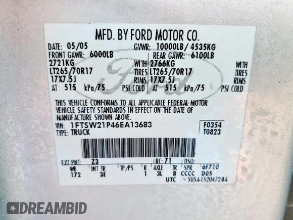 2006 Ford F-250 XL with VIN 1FTSW21P46EA13683, listed as a Copart auction lot 61142045 with 164,699 mi miles and Salvage title. Bid and sale history available at DreamBid. Image 12.
