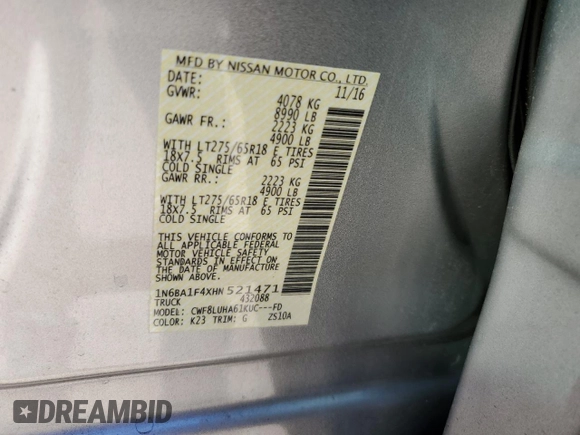 2017 Nissan Titan XD SV with VIN 1N6BA1F4XHN521471, listed as a Copart auction lot 76291024 with 100,447 mi miles and Salvage Title. Bid and sale history available at carsss.com. Image 12.