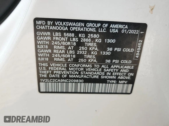 2022 Volkswagen Atlas SE with VIN 1V2LC2CA9NC209830, listed as a Copart auction lot 77863234 with 44,934 mi miles and Non repairable. Bid and sale history available at DreamBid. Image 13.