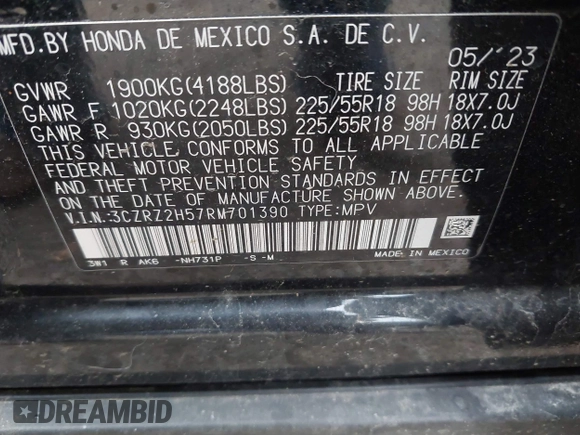 2024 Honda HR-V Sport with VIN 3CZRZ2H57RM701390, listed as a IAAI auction lot 42235082 with 10,001 mi miles and . Bid and sale history available at DreamBid. Image 9.