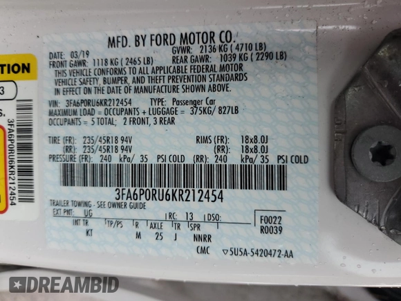 2019 Ford Fusion Titanium с VIN 3FA6P0RU6KR212454, выставлен на аукционе Copart как лот 63137755 с пробегом 30 024 миль миль и Списание • Salvage title. История ставок и продаж доступна на DreamBid. Изображение 13.