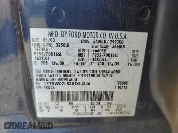 2003 Ford F-150 XLT with VIN 1FTRW07L83KD54346, listed as a Copart auction lot 48980355 with Not Provided miles and Salvage Title. Bid and sale history available at carsss.com. Image 13.