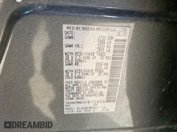 2018 Nissan Pathfinder SL with VIN 5N1DR2MN5JC675413, listed as a Copart auction lot 63344525 with 201,699 mi miles and Clean title. Bid and sale history available at DreamBid. Image 13.
