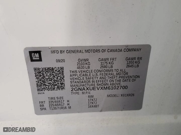 2021 Chevrolet Equinox LT with VIN 2GNAXUEVXM6102700, listed as a Copart auction lot 42541965 with 52,687 mi miles and Non Repairable. Bid and sale history available at carsss.com. Image 13.