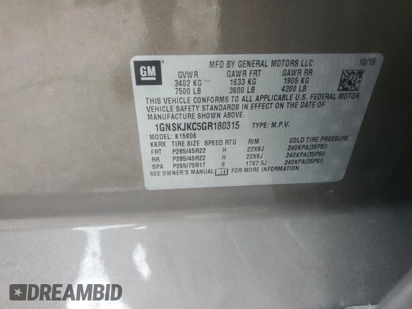 2016 Chevrolet Suburban LTZ with VIN 1GNSKJKC5GR180315, listed as a Copart auction lot 55449375 with 198,760 mi miles and Clean Title. Bid and sale history available at DreamBid. Image 13.