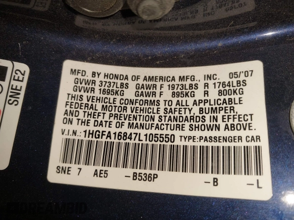 2007 Honda Civic EX with VIN 1HGFA16847L105550, listed as a IAAI auction lot 42068737 with 142,621 mi miles and . Bid and sale history available at DreamBid. Image 9.