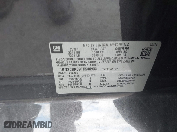 2015 Chevrolet Suburban LTZ with VIN 1GNSCKKC9FR500933, listed as a IAAI auction lot 41830980 with 169,217 mi miles and . Bid and sale history available at DreamBid. Image 9.