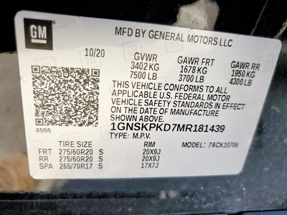 2021 Chevrolet Tahoe Z71 with VIN 1GNSKPKD7MR181439, listed as a Copart auction lot 47126465 with 78,821 mi miles and Salvage Title. Bid and sale history available at carsss.com. Image 13.