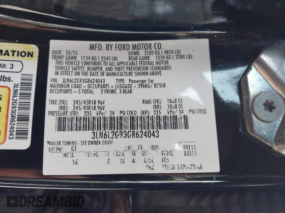 2016 Lincoln MKZ with VIN 3LN6L2G93GR624043, listed as a IAAI auction lot 41446081 with 124,680 mi miles and . Bid and sale history available at DreamBid. Image 9.