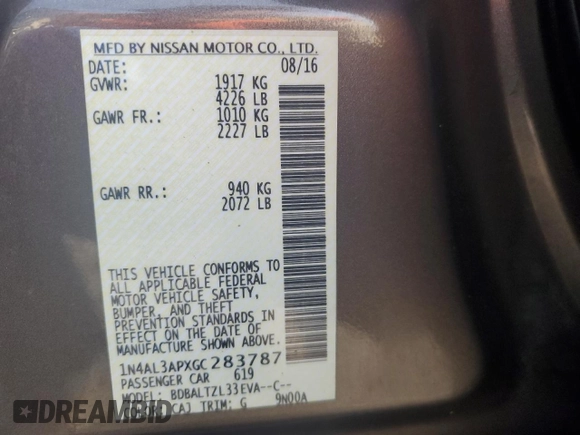 2016 Nissan Altima SR with VIN 1N4AL3APXGC283787, listed as a Copart auction lot 82659554 with 178,711 mi miles and Clean Title. Bid and sale history available at carsss.com. Image 13.