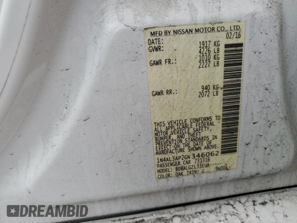 2016 Nissan Altima S z VIN 1N4AL3AP2GN346062, wystawiony jako Copart lot #52260765 z przebiegiem 158 314 mil mil oraz Czysty tytuł • Clean title. Historia ofert i sprzedaży dostępna na DreamBid. Obrazek 12.