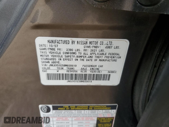 2008 Infiniti M with VIN JNKAY01E58M600619, listed as a Copart auction lot 45936145 with 134,958 mi miles and Salvage title. Bid and sale history available at DreamBid. Image 12.