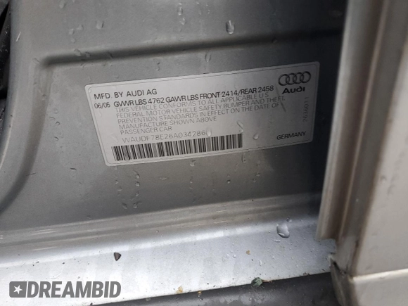 2006 Audi A4 2.0T z VIN WAUDF78E26A034286, wystawiony jako Copart lot #81818974 z przebiegiem Nie podano mil oraz Szkoda całkowita • Salvage title. Historia ofert i sprzedaży dostępna na DreamBid. Obrazek 12.