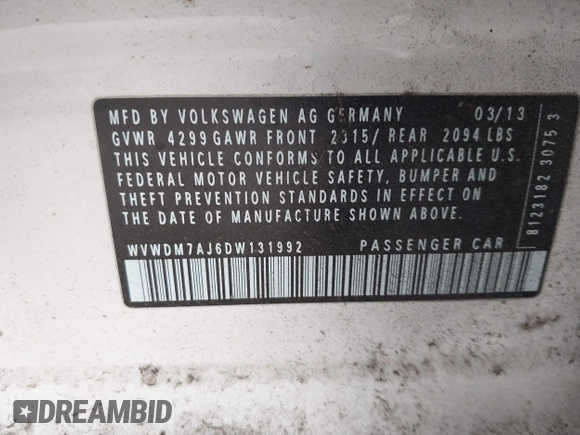 2013 Volkswagen Golf TDI with VIN WVWDM7AJ6DW131992, listed as a IAAI auction lot 42510552 with 102,013 mi miles and . Bid and sale history available at DreamBid. Image 9.