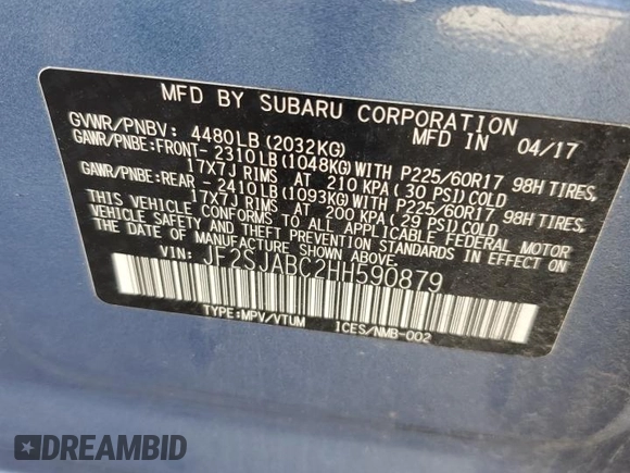 2017 Subaru Forester with VIN JF2SJABC2HH590879, listed as a Copart auction lot 61552555 with Not provided miles and Salvage title. Bid and sale history available at DreamBid. Image 14.