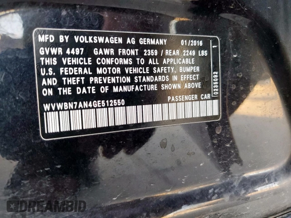 2016 Volkswagen CC Sport with VIN WVWBN7AN4GE512550, listed as a Copart auction lot 52198115 with 146,743 mi miles and Salvage Title. Bid and sale history available at DreamBid. Image 12.
