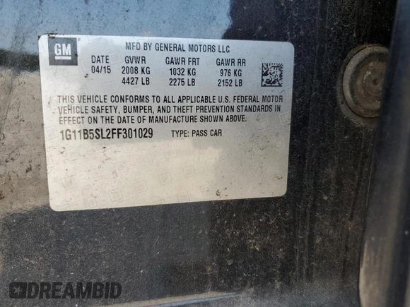 2015 Chevrolet Malibu LS with VIN 1G11B5SL2FF301029, listed as a Copart auction lot 65641574 with 174,788 mi miles and Salvage Title. Bid and sale history available at DreamBid. Image 13.
