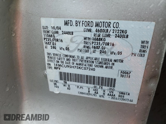 2005 Ford Escape Hybrid z VIN 1FMCU95H75KC07240, wystawiony jako Copart lot #52515925 z przebiegiem 217 237 mil mil oraz Szkoda całkowita • Salvage title. Historia ofert i sprzedaży dostępna na DreamBid. Obrazek 14.