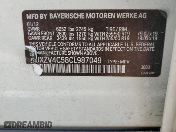 2012 BMW X5 35i с VIN 5UXZV4C58CL987049, выставлен на аукционе Copart как лот 61013925 с пробегом 167 508 миль миль и Чистый • Clean title. История ставок и продаж доступна на DreamBid. Изображение 13.