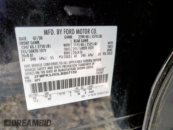 2020 Ford Edge SEL z VIN 2FMPK3J93LBB07159, wystawiony jako Copart lot #56991695 z przebiegiem Nie podano mil oraz Szkoda całkowita • Salvage title. Historia ofert i sprzedaży dostępna na DreamBid. Obrazek 13.
