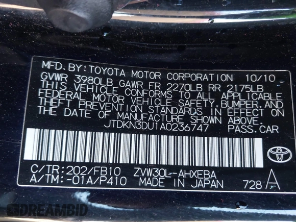 2010 Toyota Prius II with VIN JTDKN3DU1A0236747, listed as a IAAI auction lot 42116274 with 156,558 mi miles and . Bid and sale history available at DreamBid. Image 9.