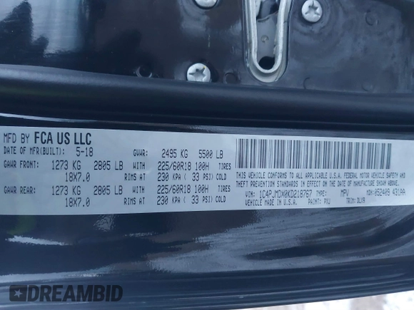 2019 Jeep Cherokee Limited with VIN 1C4PJMDX0KD218767, listed as a IAAI auction lot 41059122 with 72,341 mi miles and . Bid and sale history available at DreamBid. Image 9.