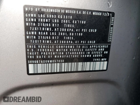 2022 Volkswagen Tiguan S with VIN 3VV0B7AX0NM057030, listed as a Copart auction lot 43189195 with 34,015 mi miles and Salvage title. Bid and sale history available at DreamBid. Image 16.