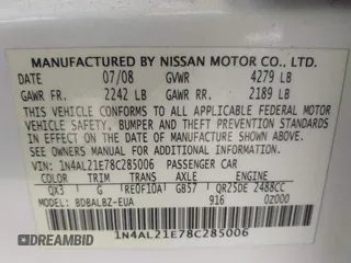 2008 Nissan Altima 2.5 S with VIN 1N4AL21E78C285006, listed as a IAAI auction lot 41788000 with 192,304 mi miles. Bid and sale history available at carsss.com. Image 9.
